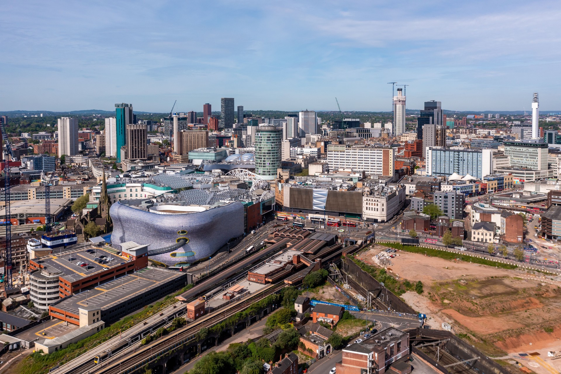 Aerial view of a Birmingham cityscape skyline and Bullring Shopping Centre